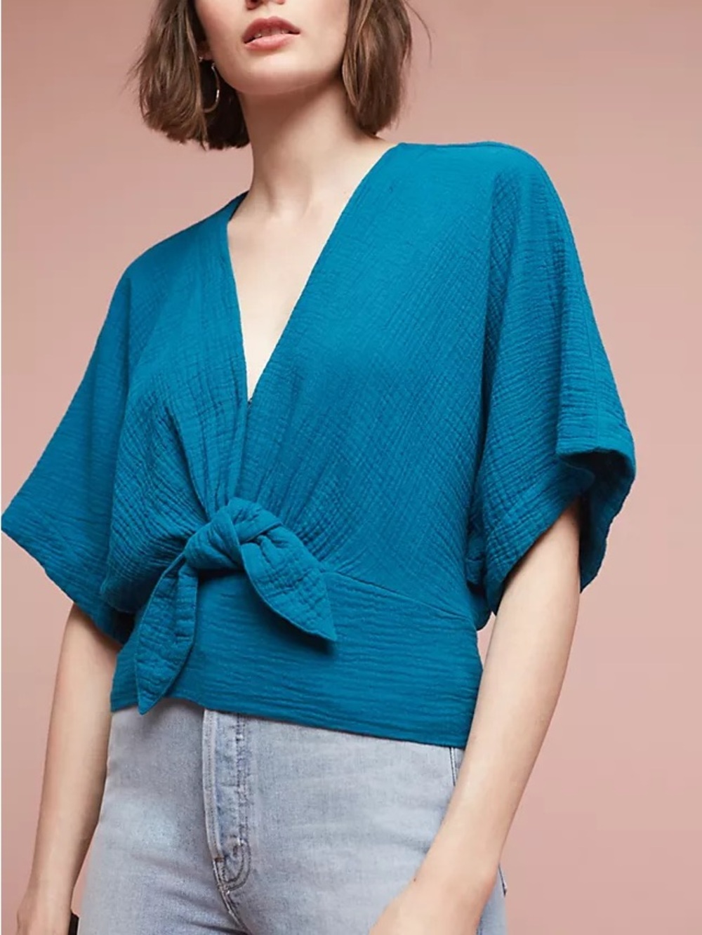 Anthropologie Raeka Tie-Waist Kimono Blouse size xs teal blue